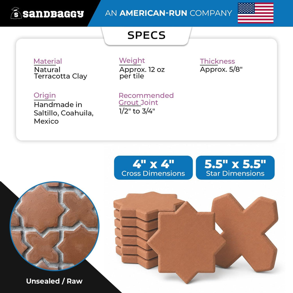 Lincoln Star & Cross Saltillo Terracotta Tile | Unsealed Handmade Mexican Tile - (10, Star & Cross Tile)