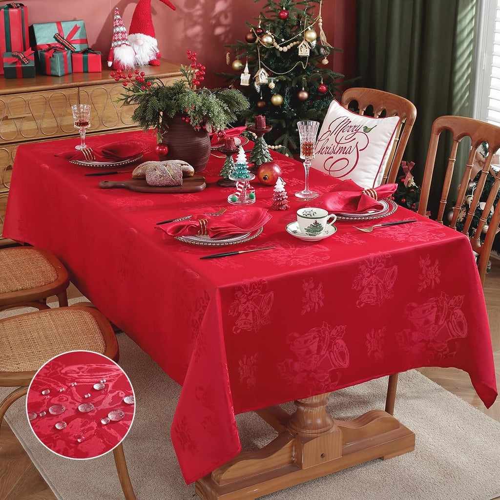 Christmas Tablecloth Jingle Bell Holly Berry Jacquard Washable Stain Resistant Damask Table Cloth, S
