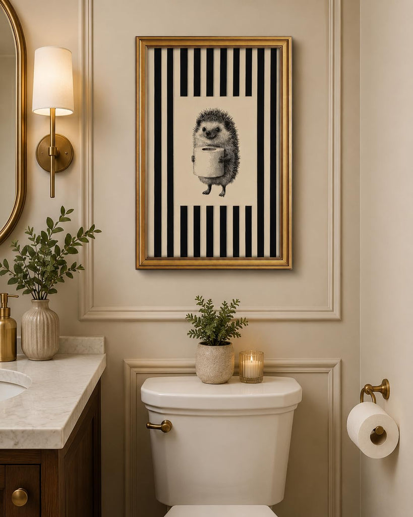 Gold Framed Wall Art, Funny Bathroom Hedgehog Canvas Prints, Vintage Hedgehog Holding Toilet Roll Picture Wall Decor
