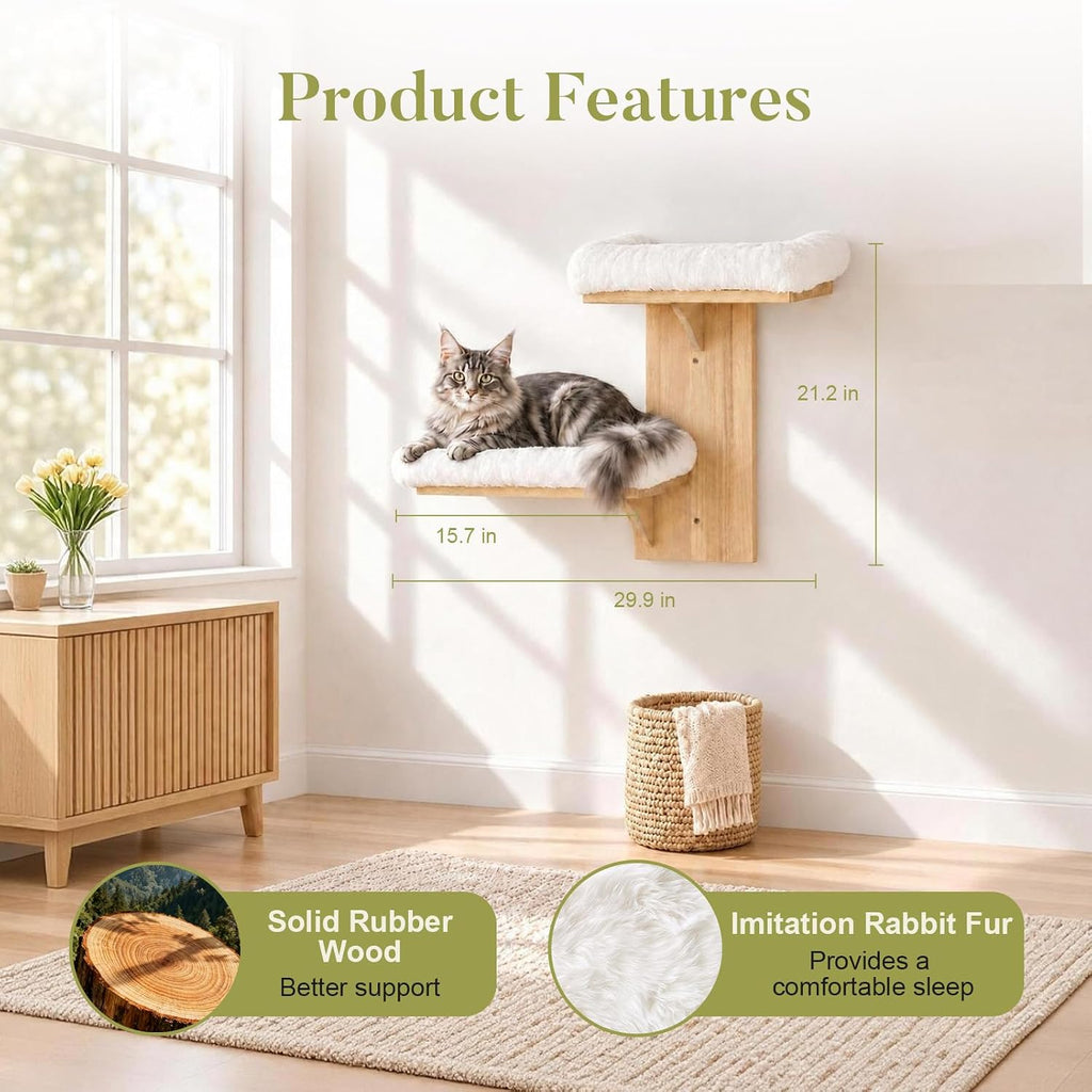 2-Tier Cat Wall Shelves with Bolstered Bed, Solid Wood Wall Mounted Cat Steps and Perch for Single Stud Drywall
