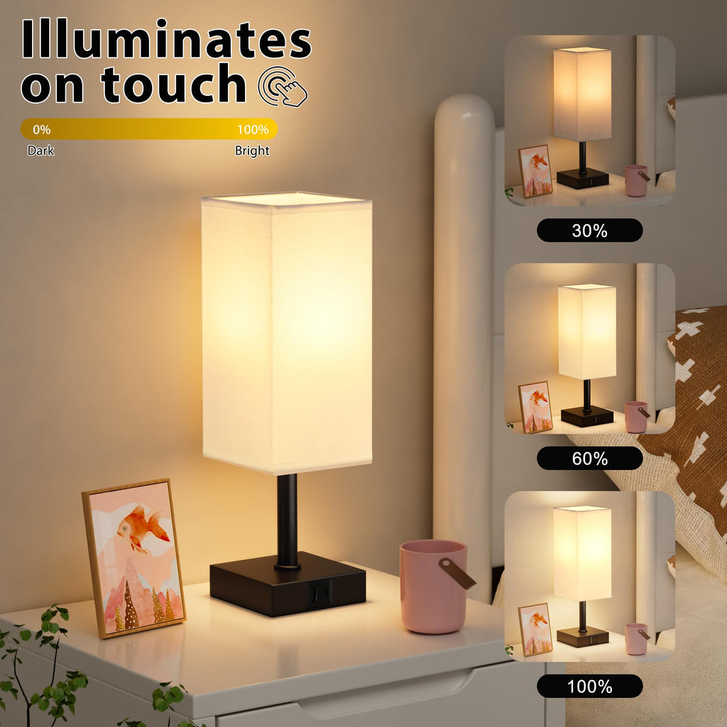 Touch Table Lamp - Dimmable, USB C+A, White Lamphade Black Base