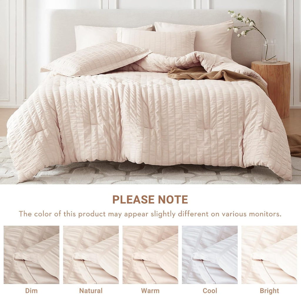 7 Pieces Queen Comforter Set, Seersucker Bed in a Bag Queen, All Season Luxury Bedding Set with Comforter, Flat Sheet