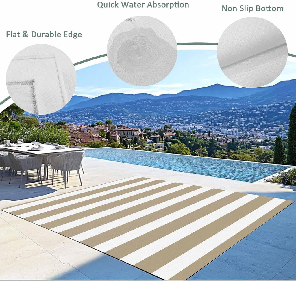 Outdoor Rug, Modern Minimalist Stripe Art Waterproof Outside Area Rug, Khaki and White Line Non Slip Deck