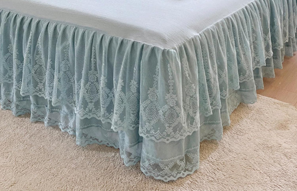 Romantic Summer Ruffled Bed Skirt with Sheet,Dust Ruffle Bedskirt with Two Lace Layers,17.7" Drop