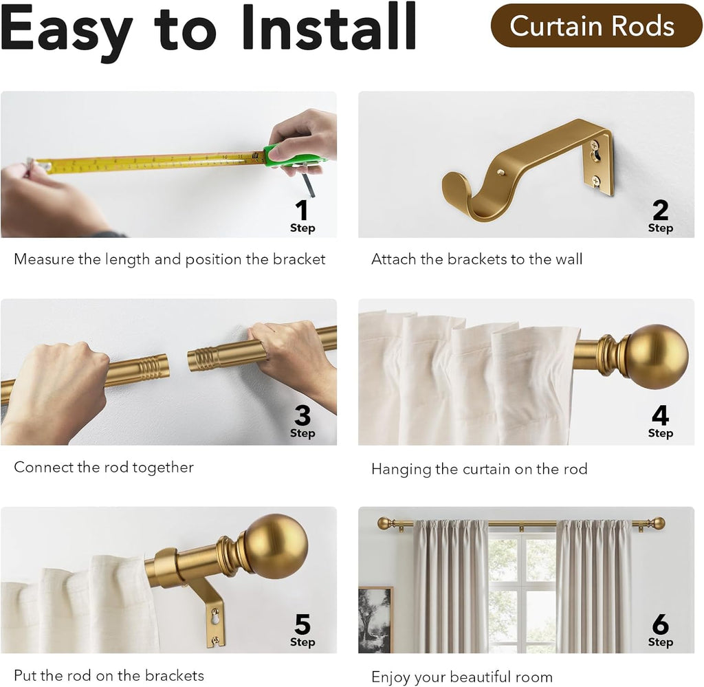 Brush Gold Curtain Rods for Windows, 1 Inch Brass Heavy Duty Curtain Rods Adjustable and Easy