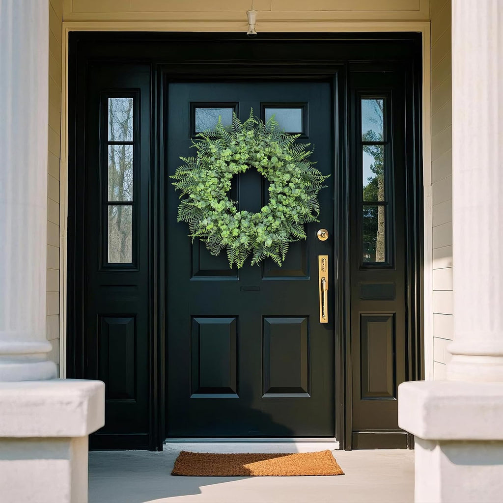 26" Artificial Eucalyptus & Boston Ferns Wreath for Front Door (Gray-Green)