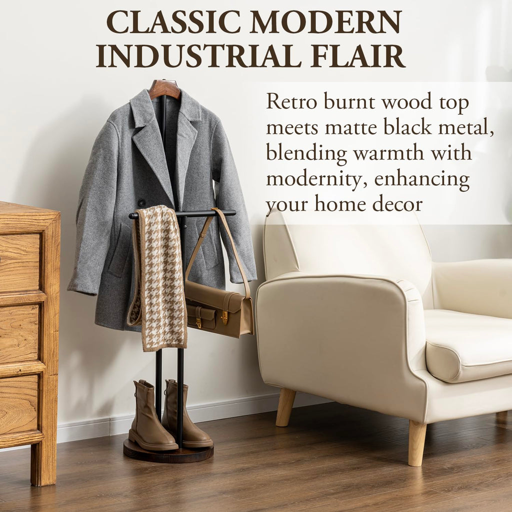 Garment Valet Stand, Rustic Wood Coat Rack with Bag Holder