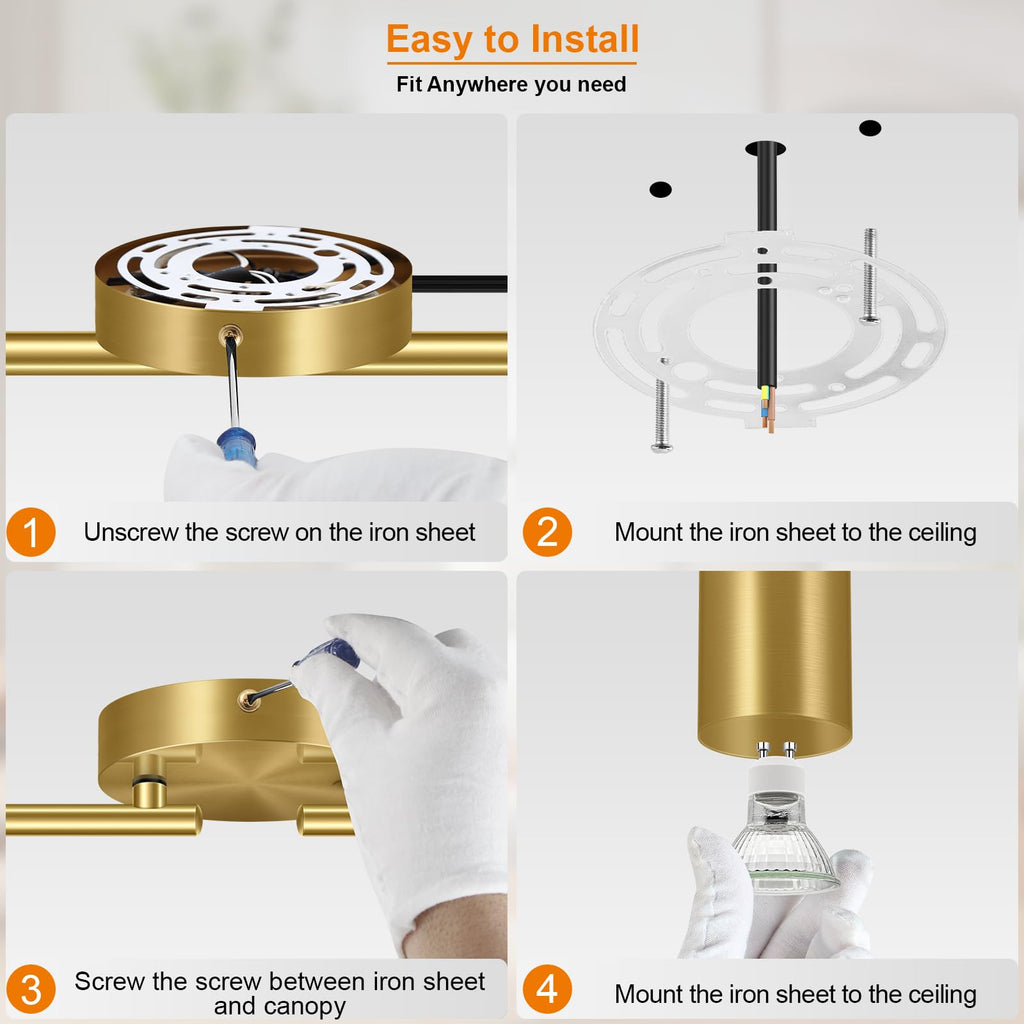 Track Lighting Plug in, LED Track Lighting Fixtures Ceiling Kit, Gold 4-Light Ceiling Light Plug-in, Wall Light