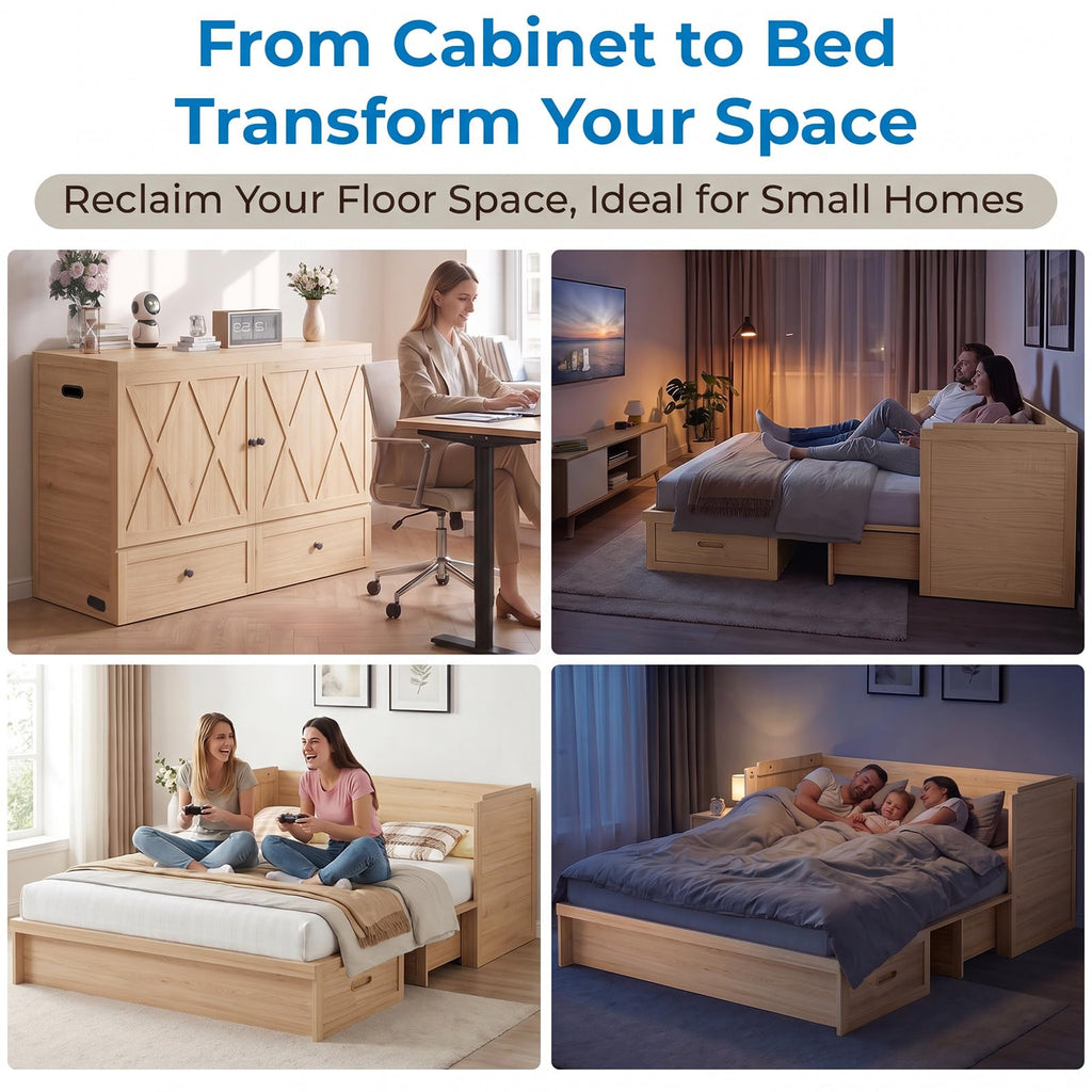 Queen Size Murphy Bed, Cabinet Bed Queen with Mattress Included, Built-in Charging Station, Storage Drawers, Murphy