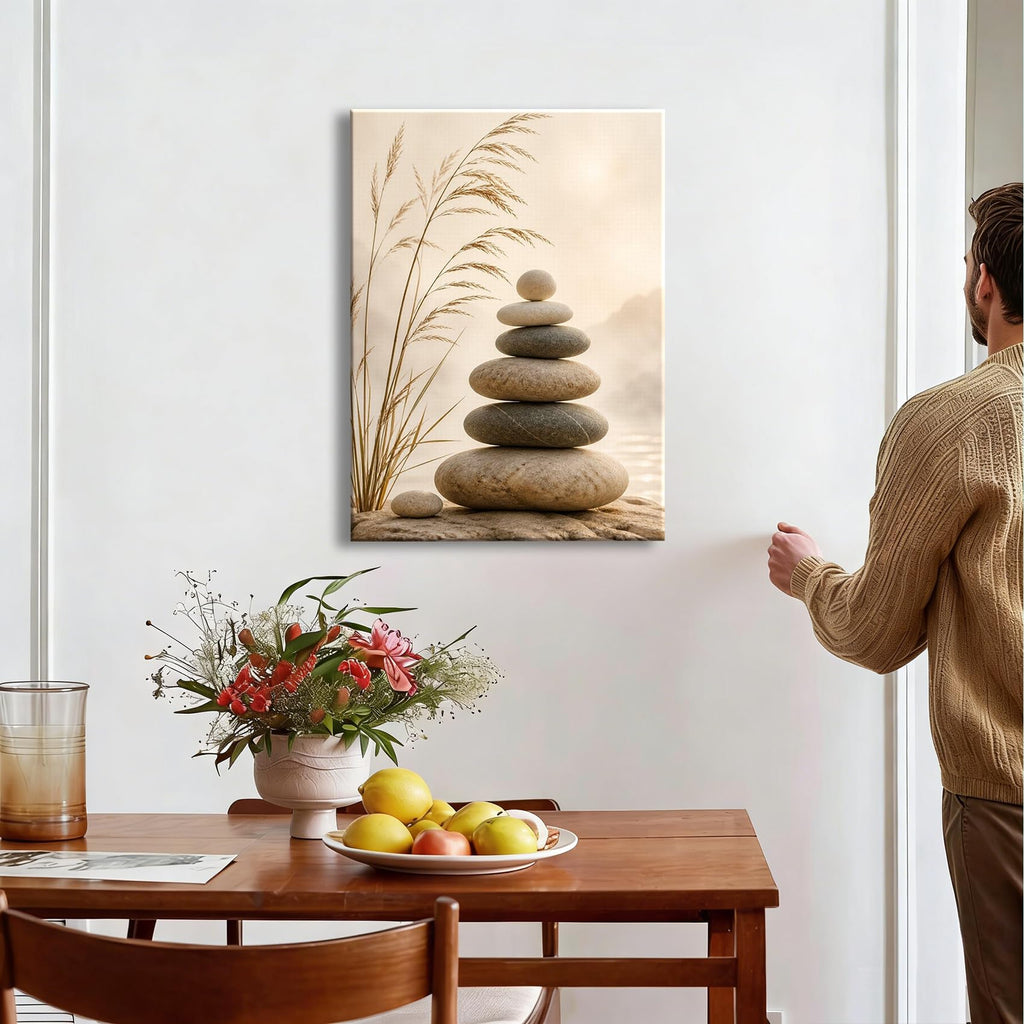 Framed Warm Tone Balancing Rocks Canvas Wall Art, Misty Lakeside Zen Landscape Canvas Prints Pictures, soothing wall