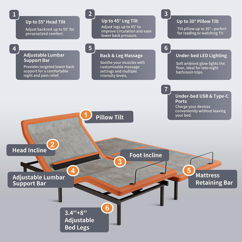 Queen Adjustable Bed Frame with Lumbar Support Smart App - Set of 27