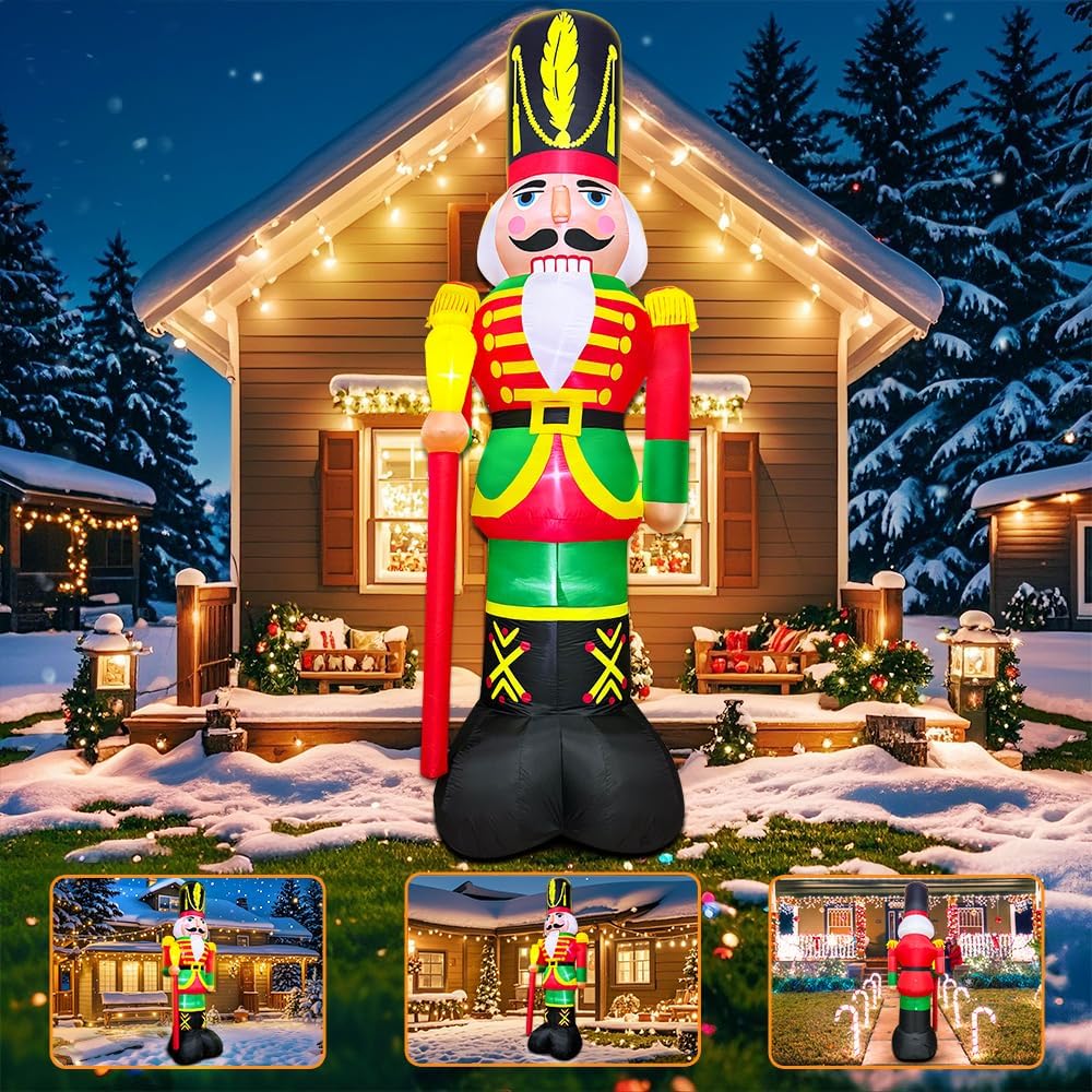 12FT Giant Christmas Inflatables Nutcracker Decoration Outdoor Soldier Blow Up Yard Decor Built-in LED Lights for