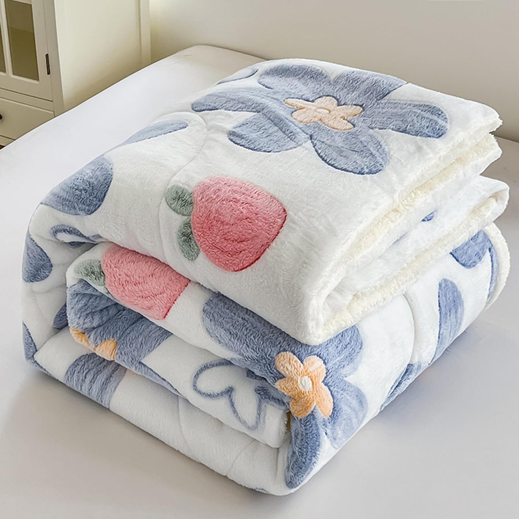 Blue Floral Fleece Comforter Set, 3 Piece Sherpa Bedding Set