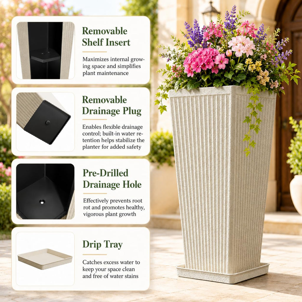 24" Tall Planters for Outdoor Plants Set of 2 Square Fluted, Beige