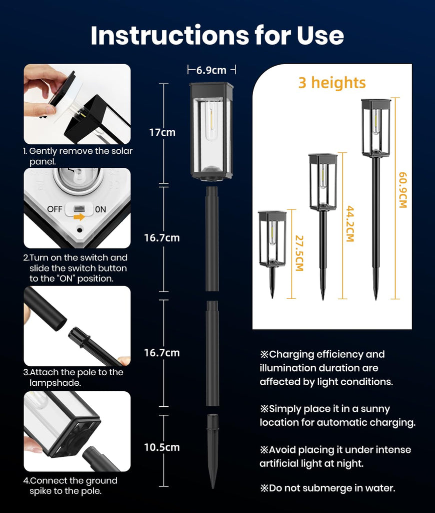 Solar Lawn Lights, 6 Pack, Cool White, 3 Adjustable Heights, IP65