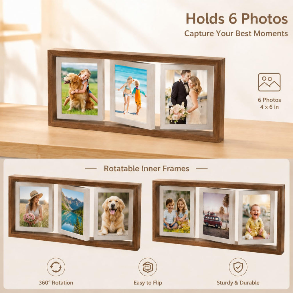 2 Pack 4x6 Rotating Picture Frame, Double-sided Display 6 Photos Rustic Wood Hinged Folding Triple Collage Photo