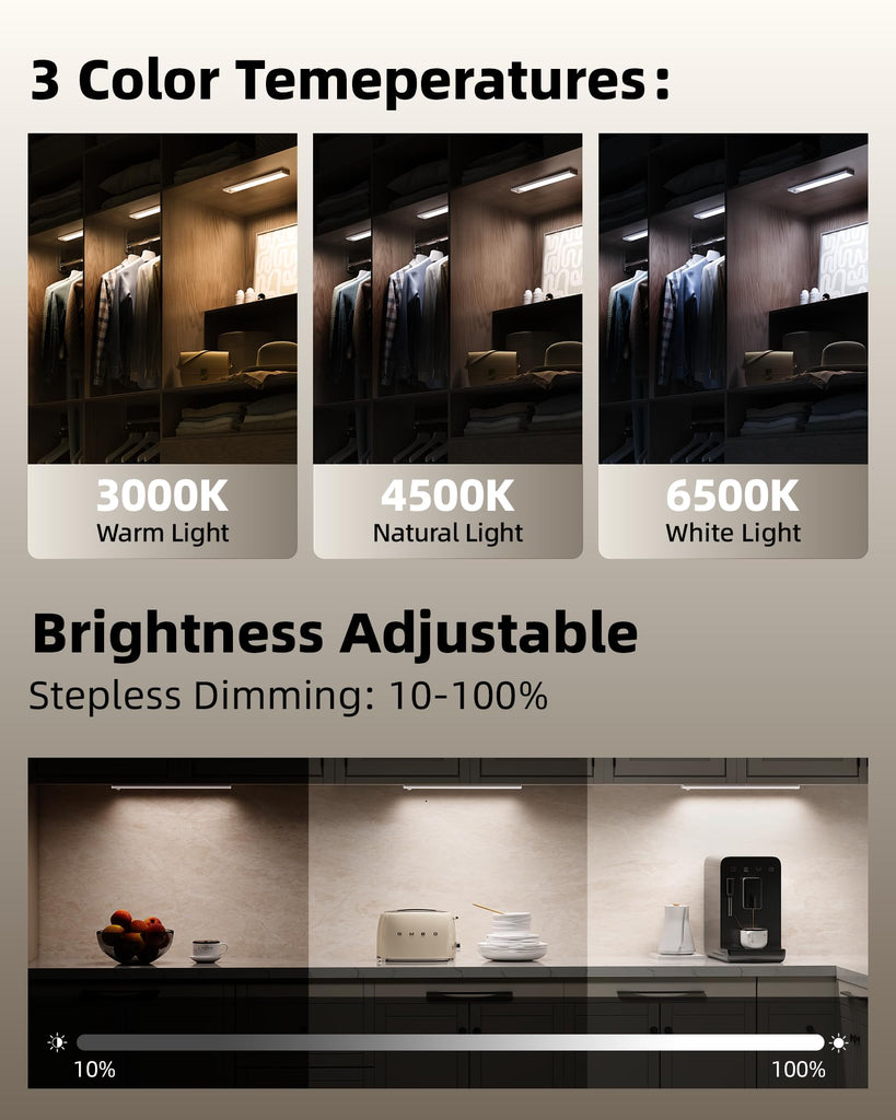 6Pack 12inch Under Cabinet Lighting, Rechargeable Motion Sensor Light Wireless Indoor, Dimmable 3 Color Temps Closet