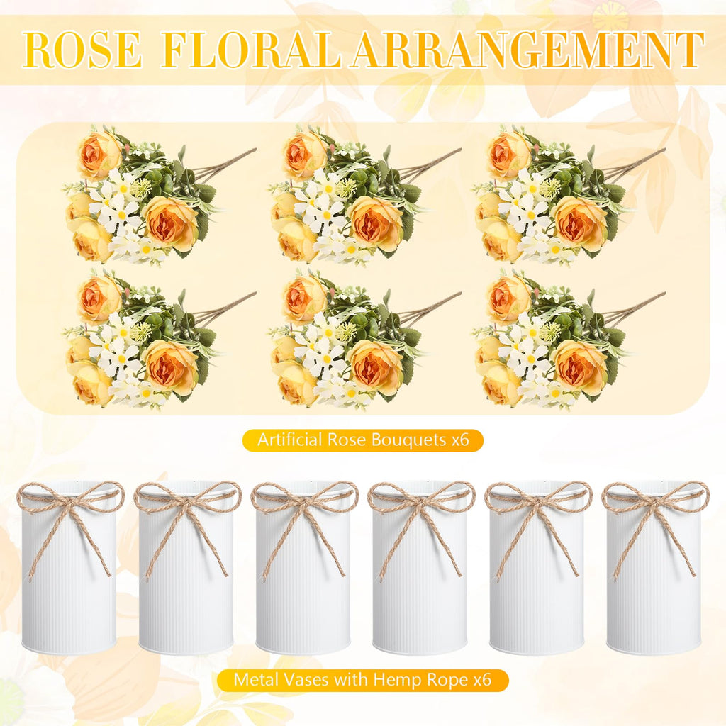 6 Sets Wedding Centerpiece for Table Decoration Yellow Artificial Fake Rose Flower with Metal Vase Faux Silk Rose