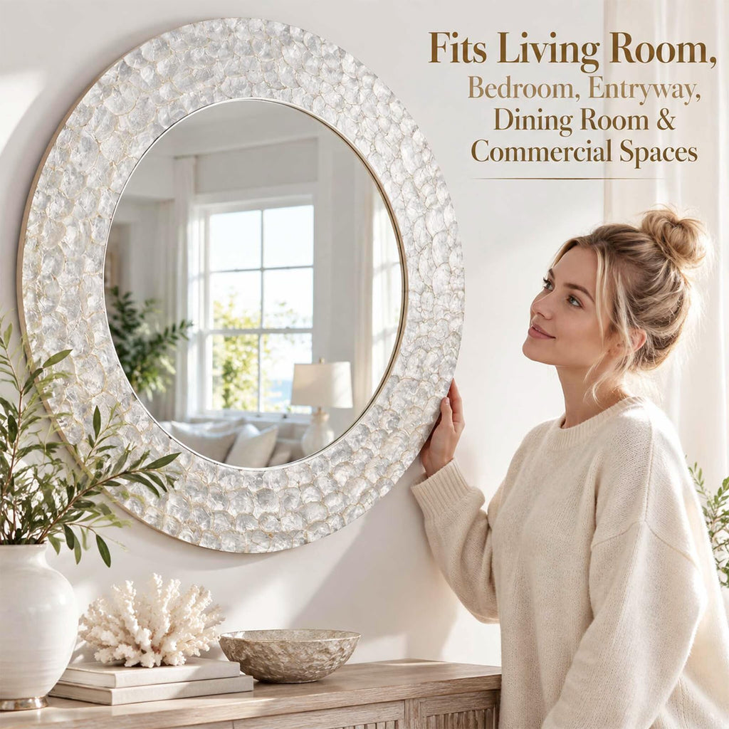 Round Coastal Mirror with Capiz Shell Frame, 36'' Large Circle Bathroom Mirrors, Decorative Wall Mirror Dining Room