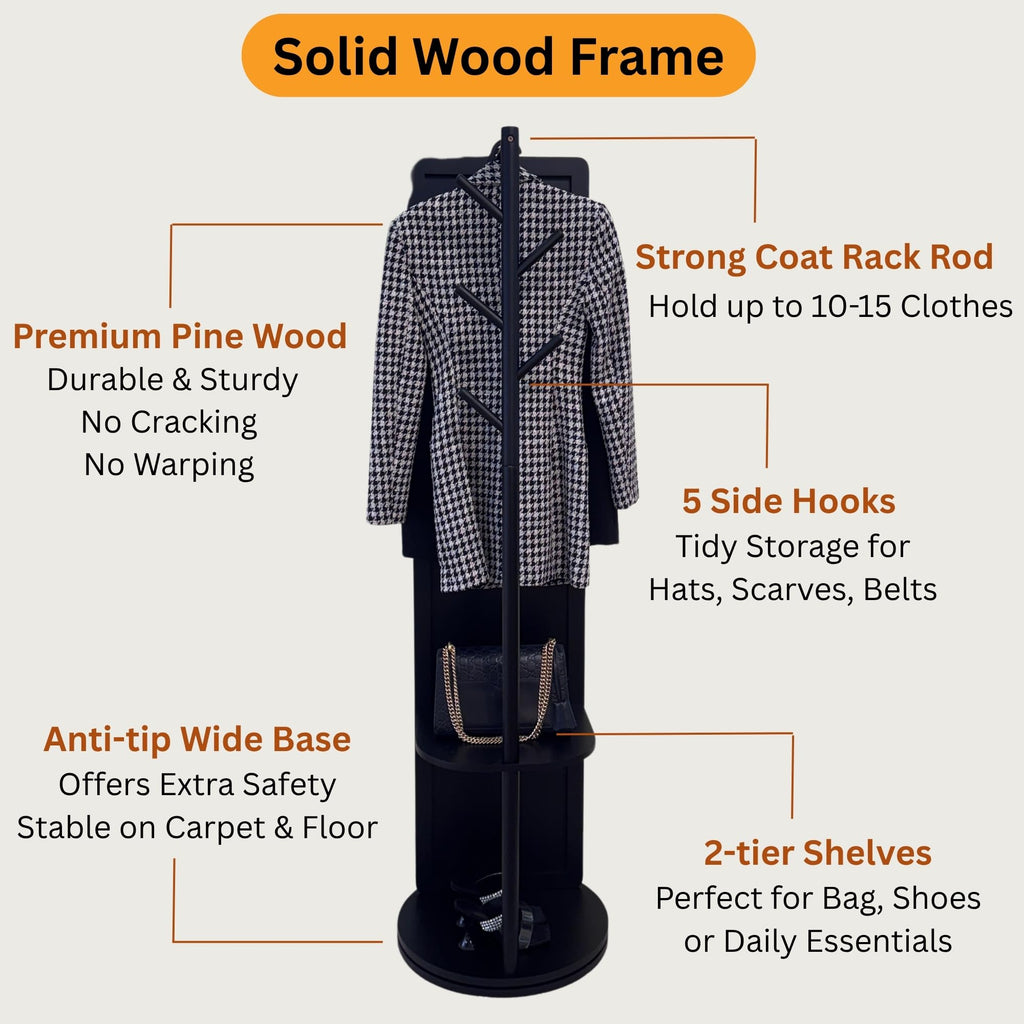 Rotating Solid Wood Full Length Mirror with Coat Rack, 65x14" Shatterproof Floor Mirror with Storage Clothes Rack