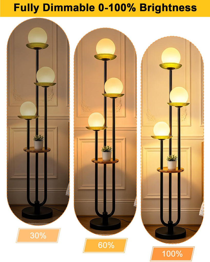 3-Globe Black Floor Lamp Dimmable with Green Glass Tray Tall Lamp