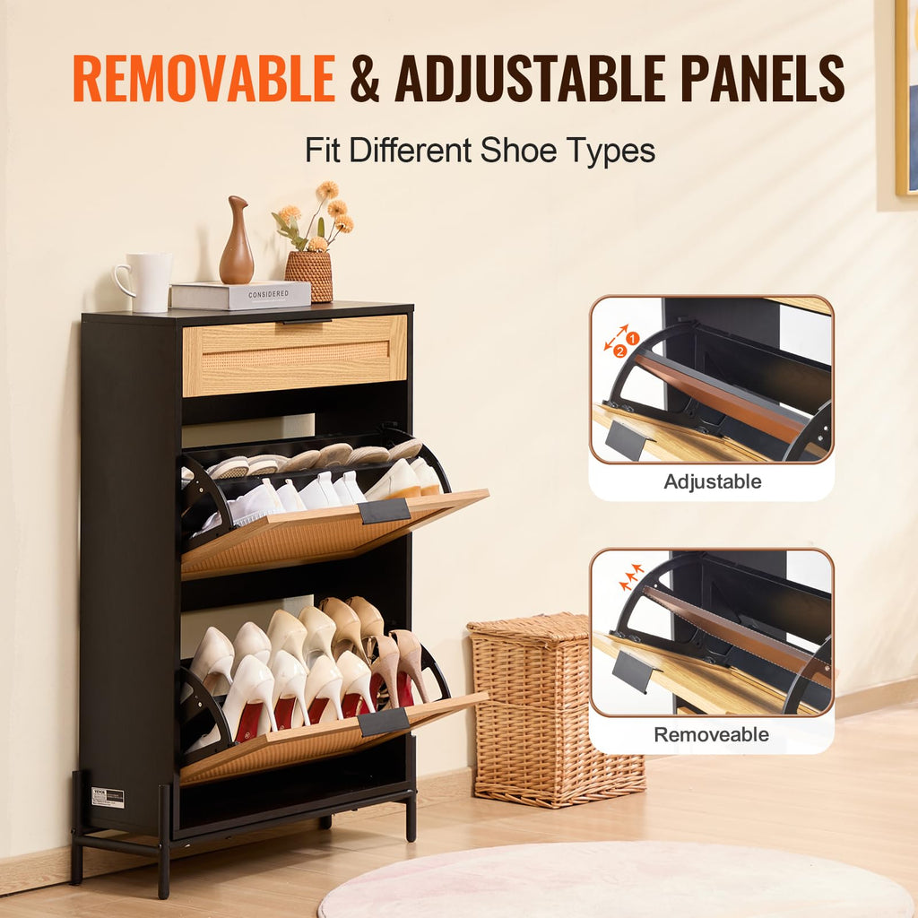 Rattan Shoe Cabinet, Narrow Shoe Storage Organizer with 2 Flip Rattan Drawers & 1 Slide Drawer, Metal Legs, Slim Shoe