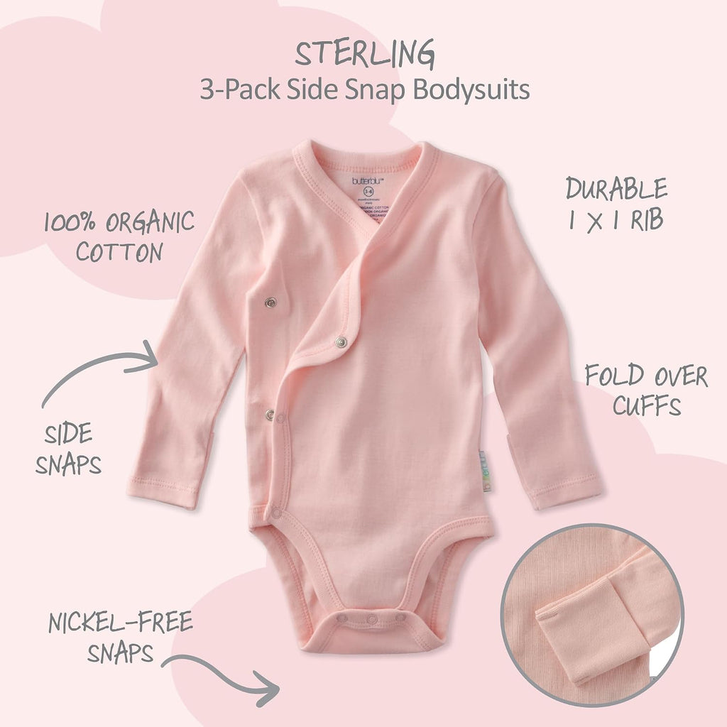 Sterling Pack Side Snap Long Sleeve Bodysuits 100% Cotton