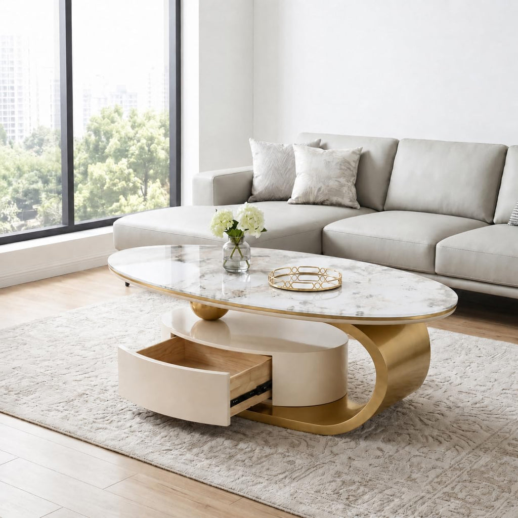 Oval Faux Marble Coffee Table with Storage Drawer, Luxury Gold Stainless Steel Base & Clear Tempered Glass Tabletop
