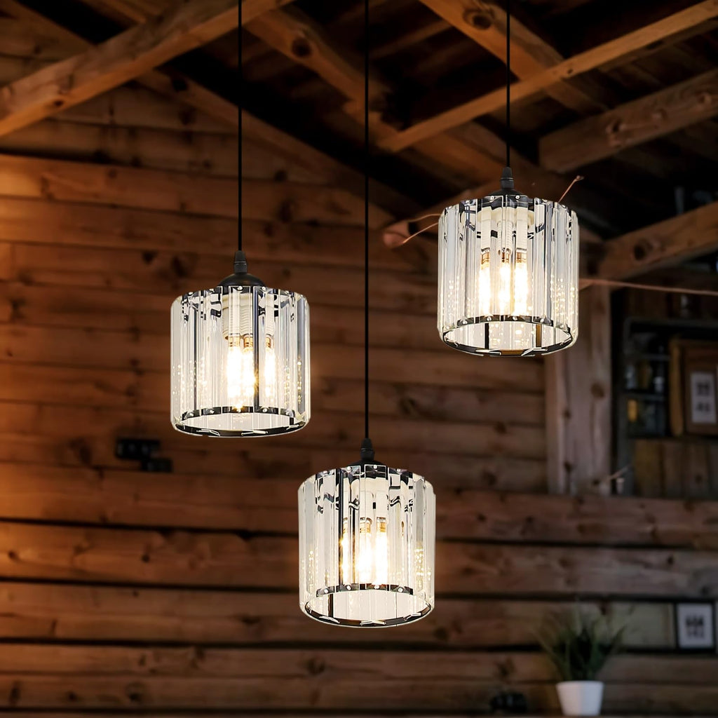 Crystal Pendant Lights Black 3 Light Cluster Ceiling, Modern Hanging Light Fixture Island, Adjustable Round Chandelier