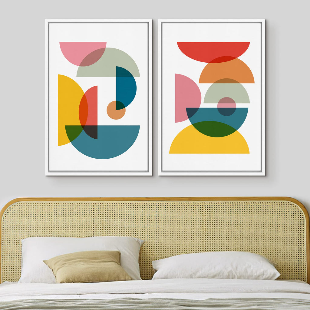 Framed Wall Art Print Set Mid-Century Style Multicolor Semi-Circle Variety Abstract Shapes Illustrations Modern