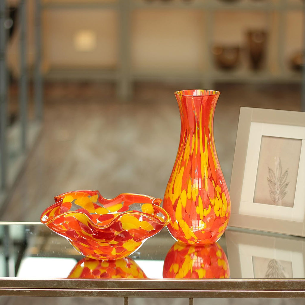 Murano Style Art Glass Vase Hand Blown Orange Confetti Effect Home Decor | Hand Blown Glass Vase, Decorative Table