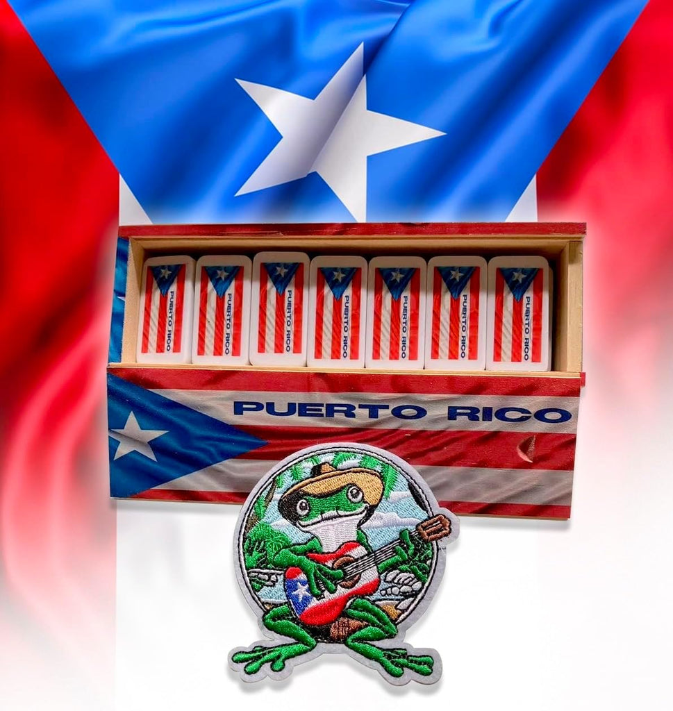 Puerto Rico Dominoes Set - Double Six Resin Tiles with Puerto Rican Flag - Classic Wooden Box Storage - Boricua