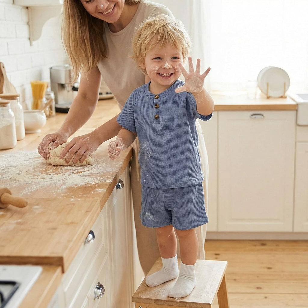 Toddler Baby Boy Summer Clothes Button Waffle Short Sleeve T-Shirt Top Elastic Waist Shorts Set 2Pcs Infant Outfit