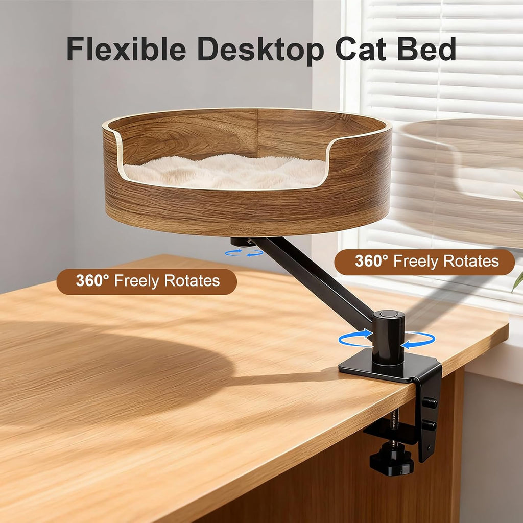 Desk Cat Bed, Elevated Cat Bed for Desk, Space-Saving Cat Hammock, Stable & Comfortable Perch for Indoor Cats, Walnut