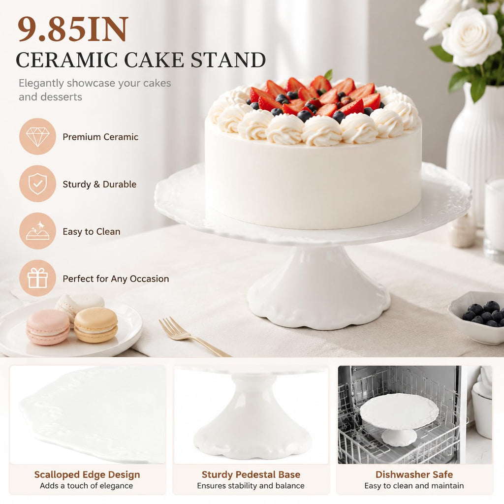 10 Inch Ceramic Cake Stand, White Pedestal Dessert Plate for 8 Inch Cakes
