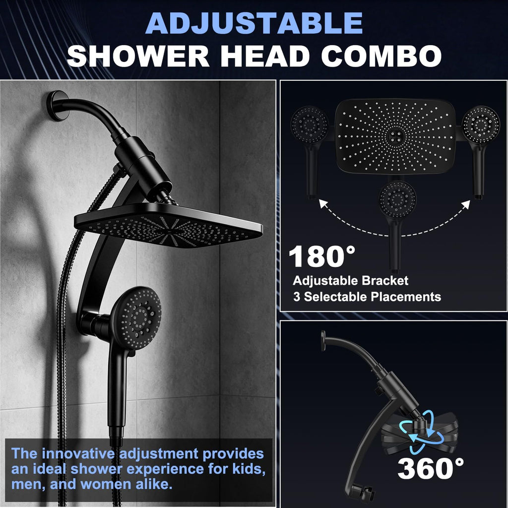 12 Inch High Pressure Rainfall Shower Head Combo, 9 Settings Handheld Shower