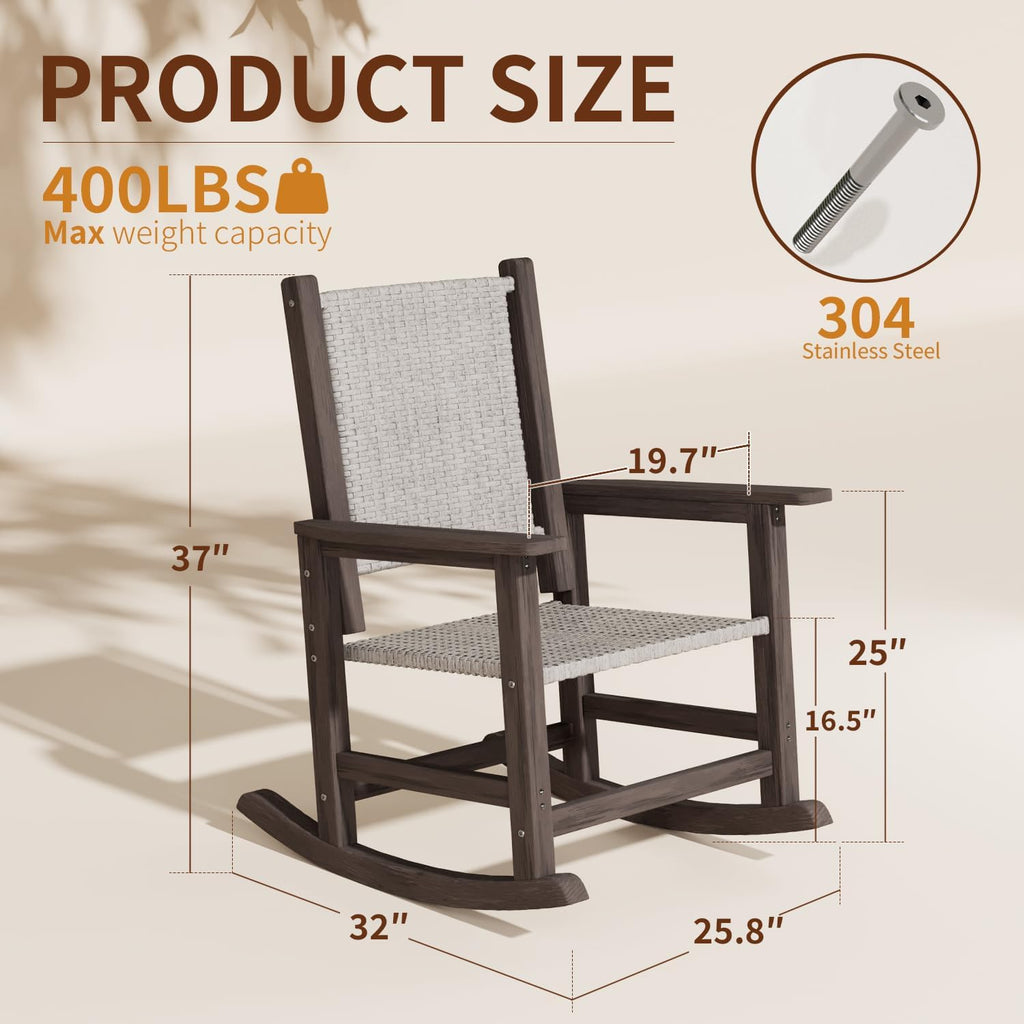 HDPE Outdoor Rocking Chair, All-Weather Wicker Porch Rocker, Dark Brown | Durable HDPE frame with woven seat and