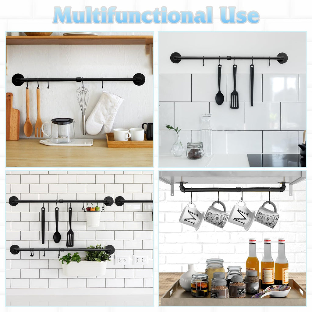 32 inch Pot Rack Wall Mounted Pan Hangers, Industrial Pipe Utensils Hanging Rail Iron Detachable Storage Organizer