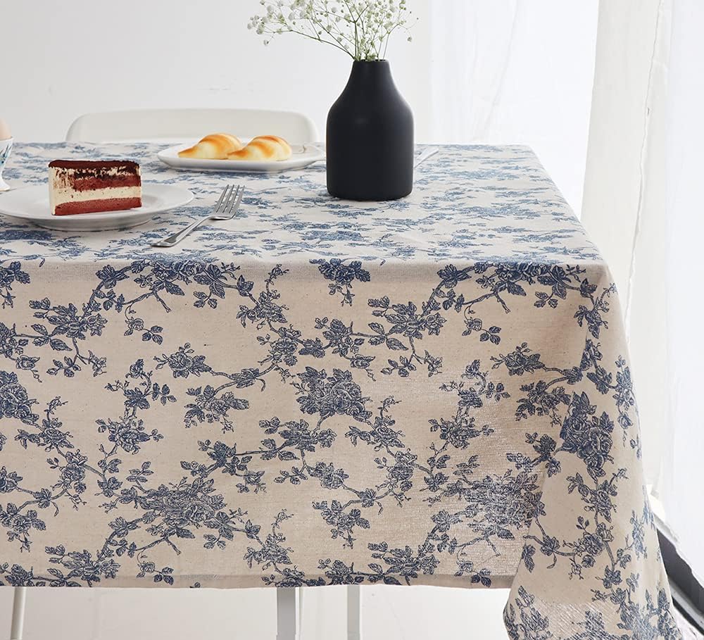 Cotton Linen Vintage Rectangle Tablecloth Pastoral Floral Rustic Table Cloth Washable Table Cover,Fa