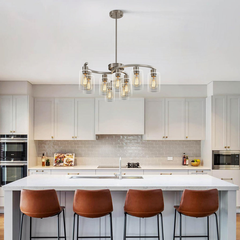 9-Light Brushed Nickel Glass Chandelier, Adjustable Height Hanging Industrial Dining Room Chandelier Over Table