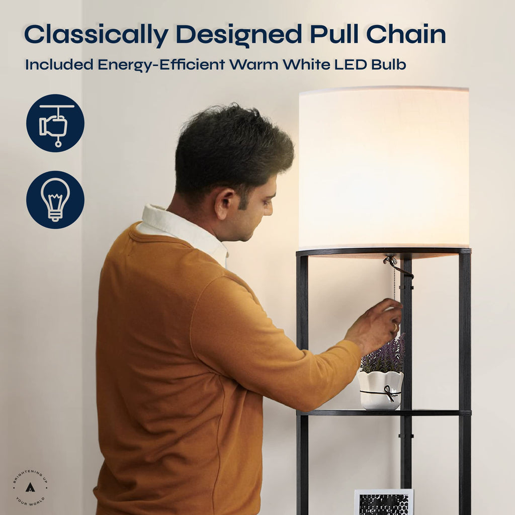 Corner Floor Lamp with Shelves - Tall Corner Lamp with Pull Chain Switch - Modern Floor Lamp, or Office Alvis Edge