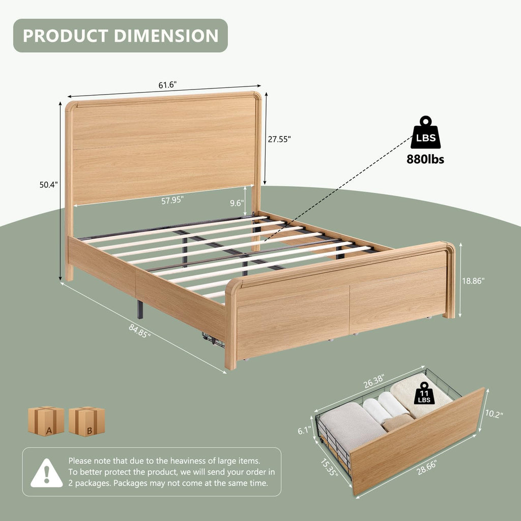 Modern Queen Size Bed Frame with 50" Tall Headboard, Natural Oak