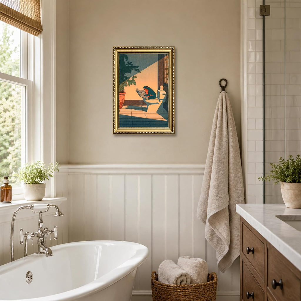 Funny Frog Bathroom Wall Art, Cute Japanese Frog in Toilet Wall Decor, Whimsical Green Animal Restroom Poster Canvas