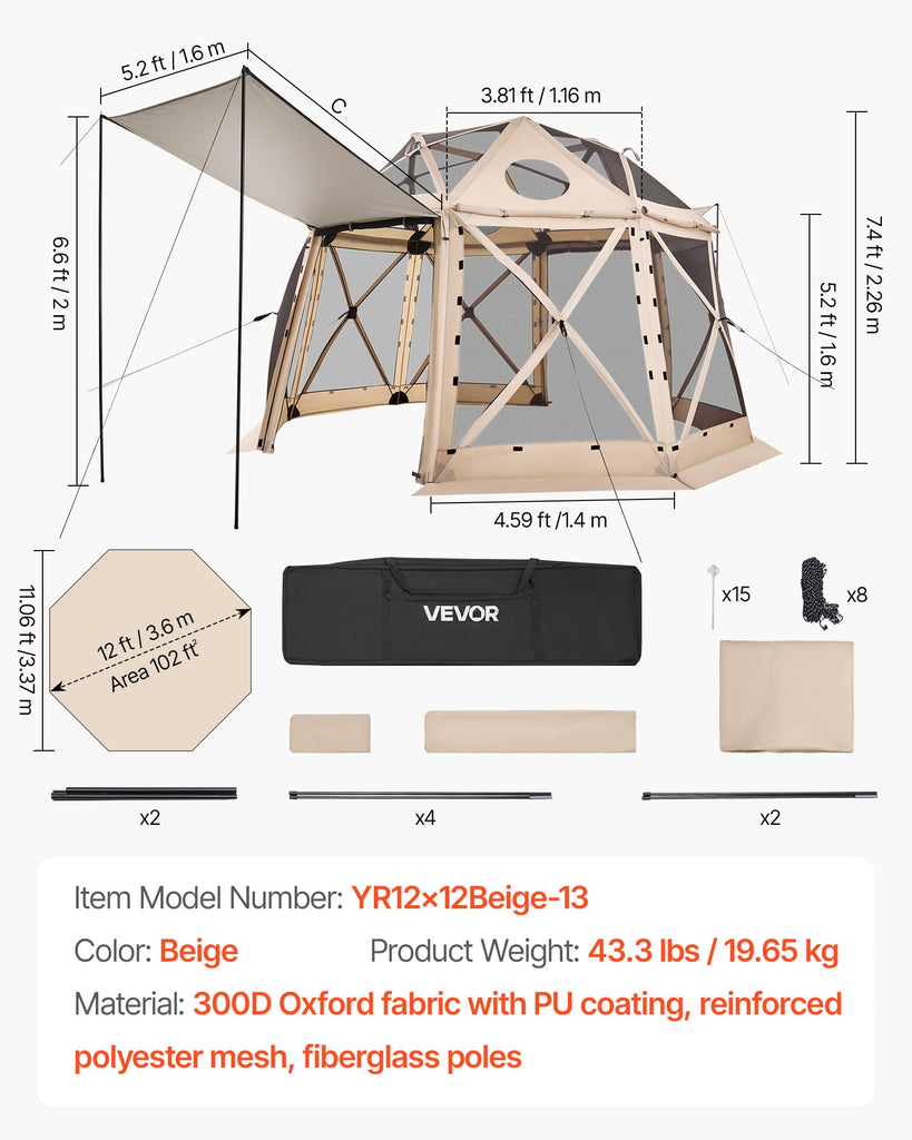 12x12ft Pop Up Gazebo Screen Tent, 13-Sided Dome for 8-10 People