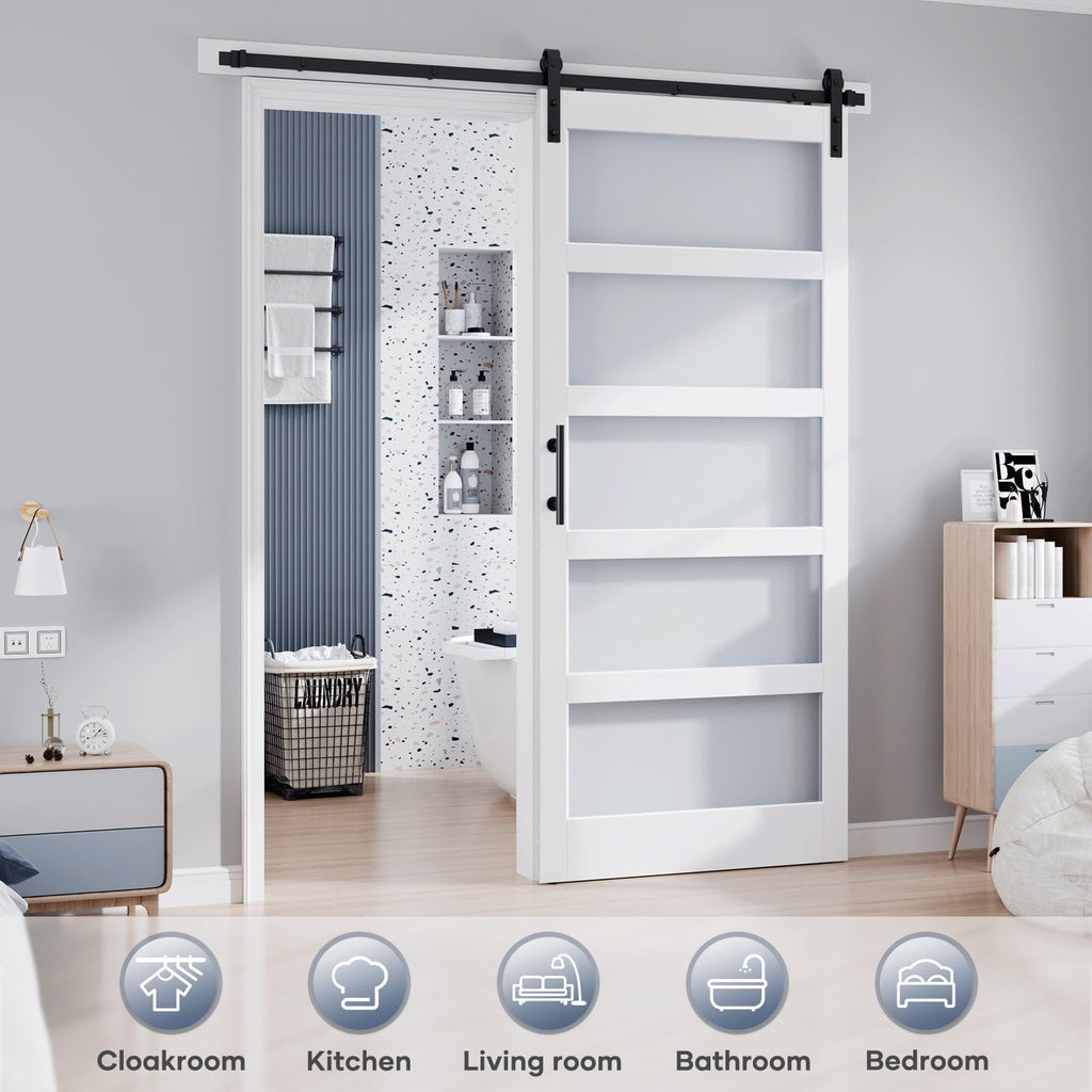 42x96 Inch Glass Sliding Barn Door Slab and 7ft Hardware Kit Included, 5 Frosted Glass, LVL Wood Panel Covered with