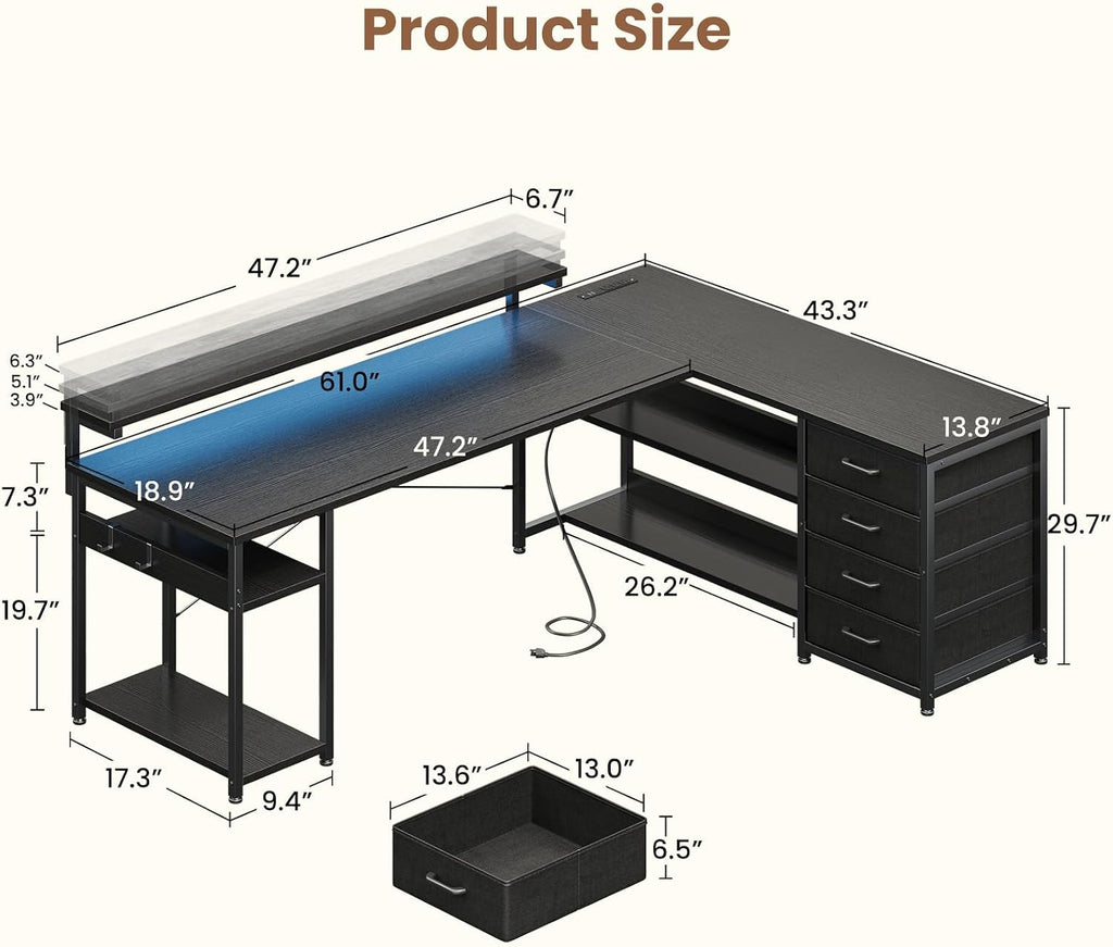 61 Inch L Shaped Computer Desk with 4 Drawers, LED Lights, Black | Power Outlets, Adjustable Monitor Stand, Open