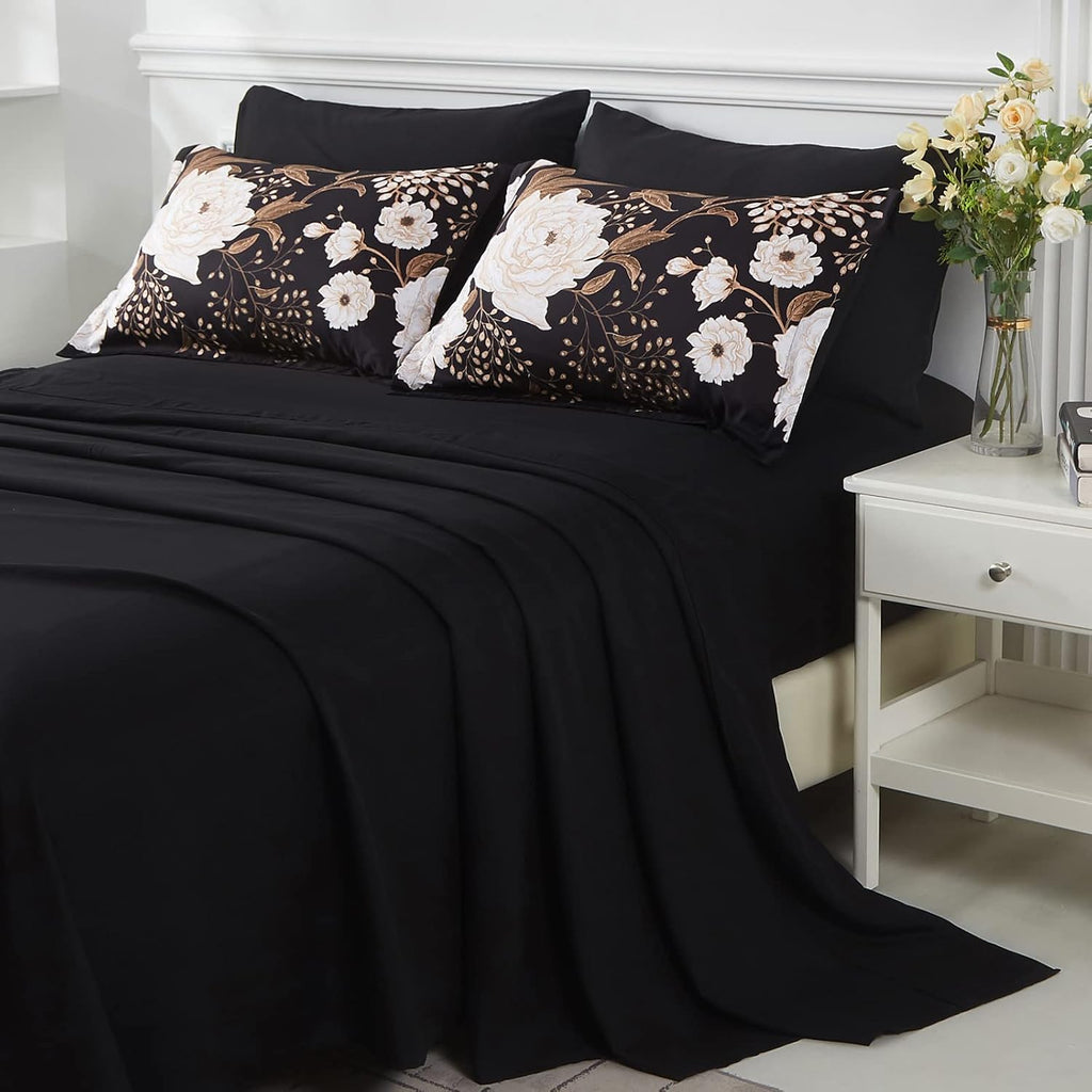 7 Piece Bed in a Bag Queen Comforter Set Botanical Floral Bedding Set,White Flowers Leaves Printed on Black