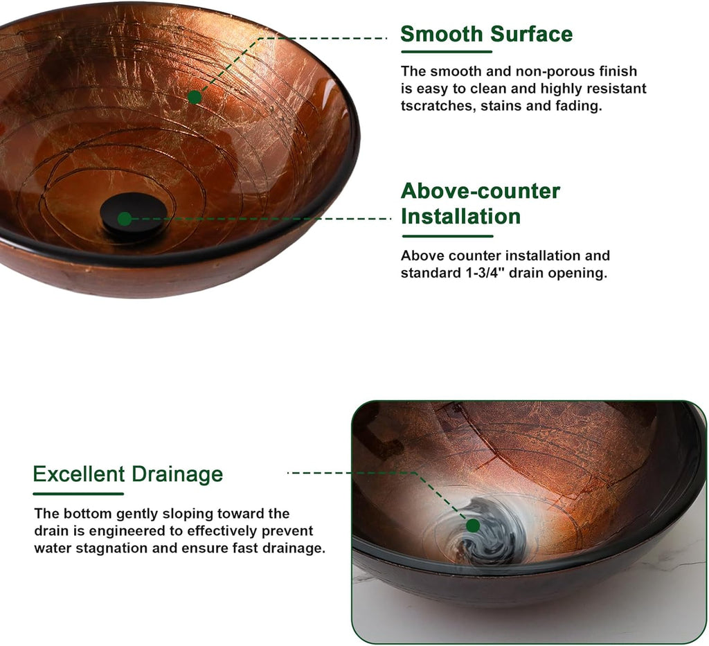 Sarlai Artistic Vessel Sink Bathroom Vessel Sink Round Brown Tempered Glass Vanity Round Bowl With Pop-up Drain 16-1/2