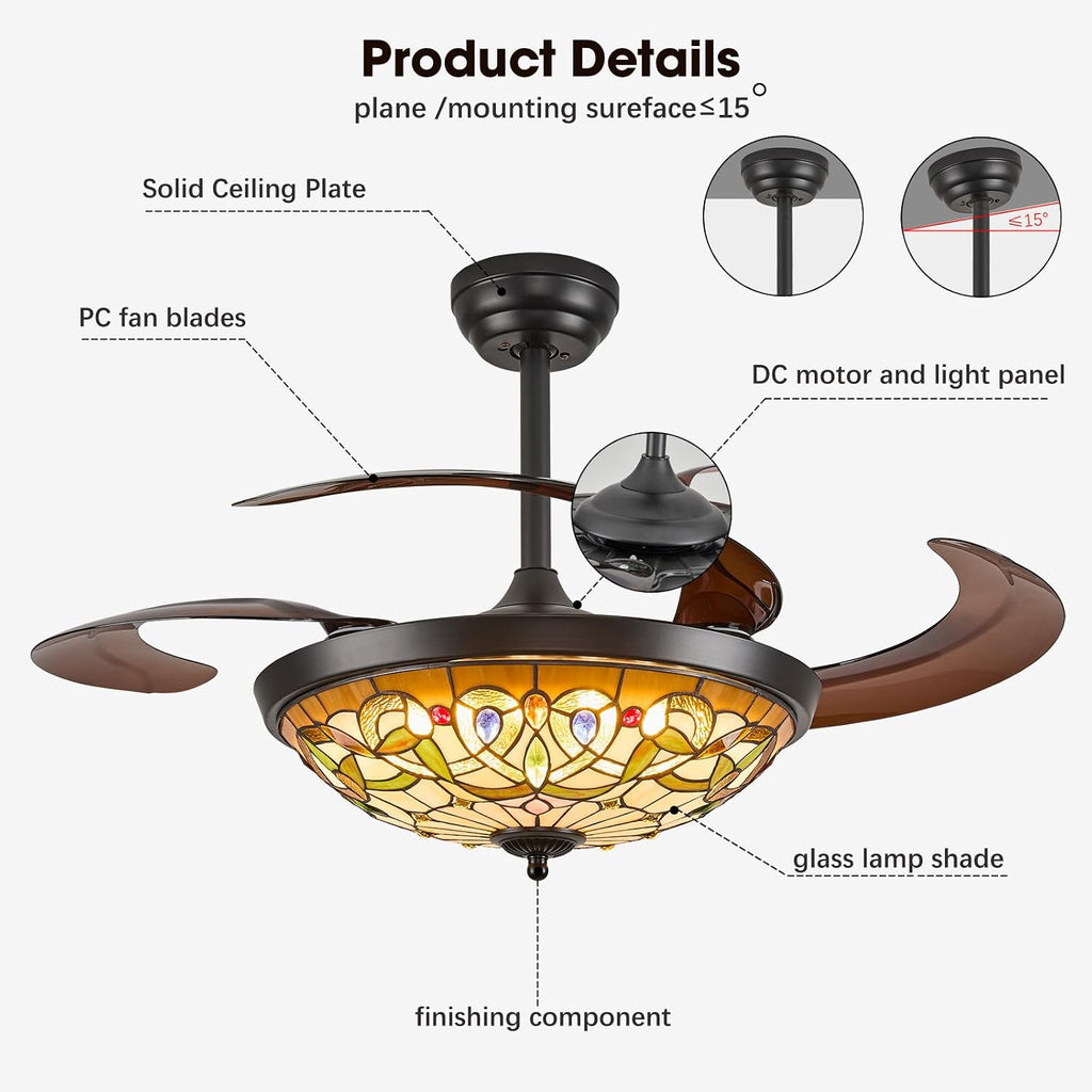48" Tiffany Retractable Ceiling Fan with Light - (Gem Art, Black)