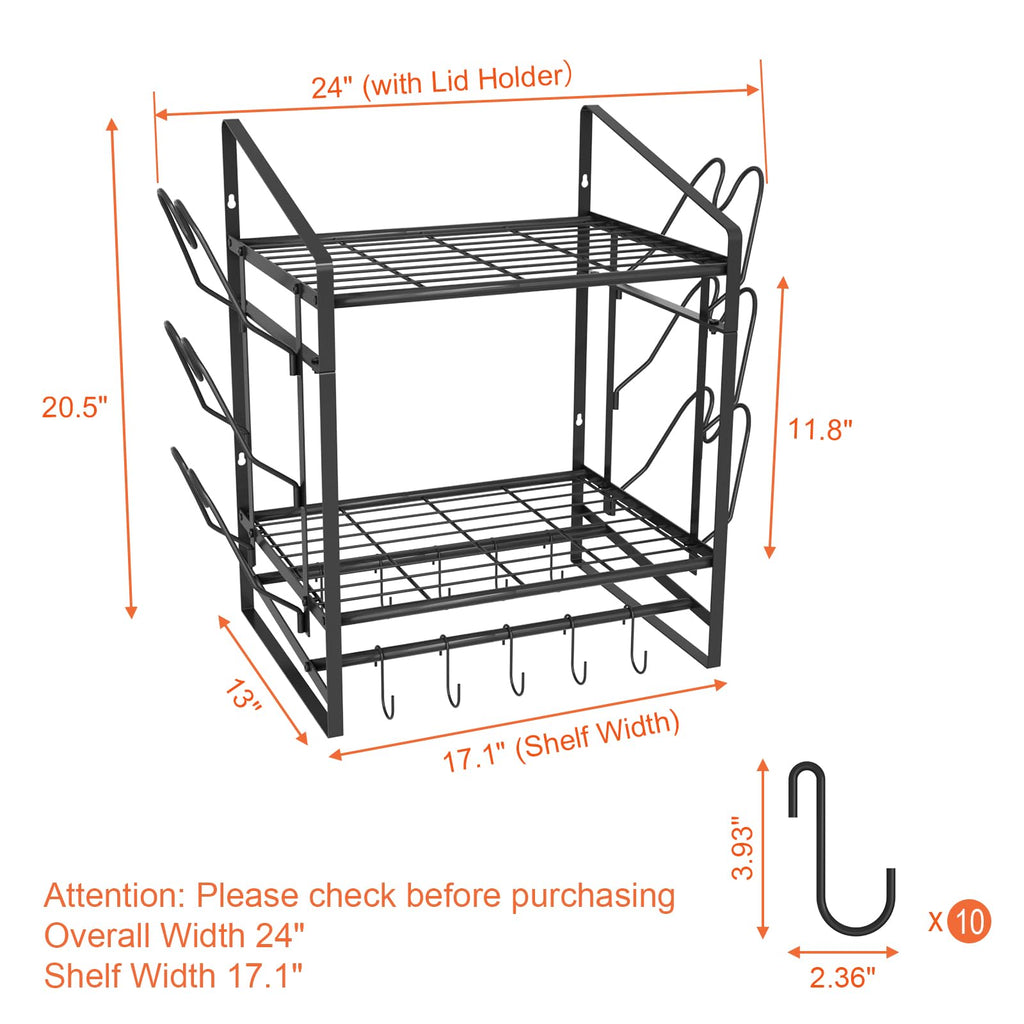 17 Inch Pot Rack Wall Mounted, 2 Tier Pots and Pans Organizer with 10 Hooks and 6 Pot Lid Holders, Heavy Duty Steel
